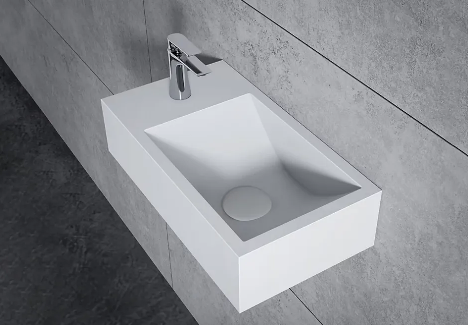 Bernstein Vasque murale suspendue design 44x22x10cm en fonte minérale - Blanc mat, Avec bonde et cache blanc, Rangement gauche, Sans console* Lavabo