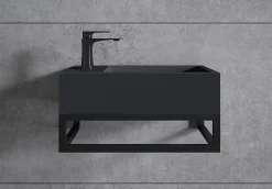 Bernstein Vasque murale suspendue design 44x22x10cm en fonte minérale - Avec bonde et cache, Rangement gauche, Quartz noir, Avec Console