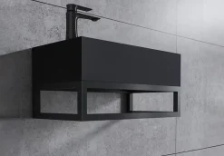 Bernstein Vasque murale suspendue design 44x22x10cm en fonte minérale - Avec bonde et cache, Rangement gauche, Quartz noir, Avec Console