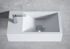 Bernstein Vasque murale suspendue design 44x22x10cm en fonte minérale - Blanc mat, Sans bonde ni cache, Rangement gauche, Sans console* Lavabo