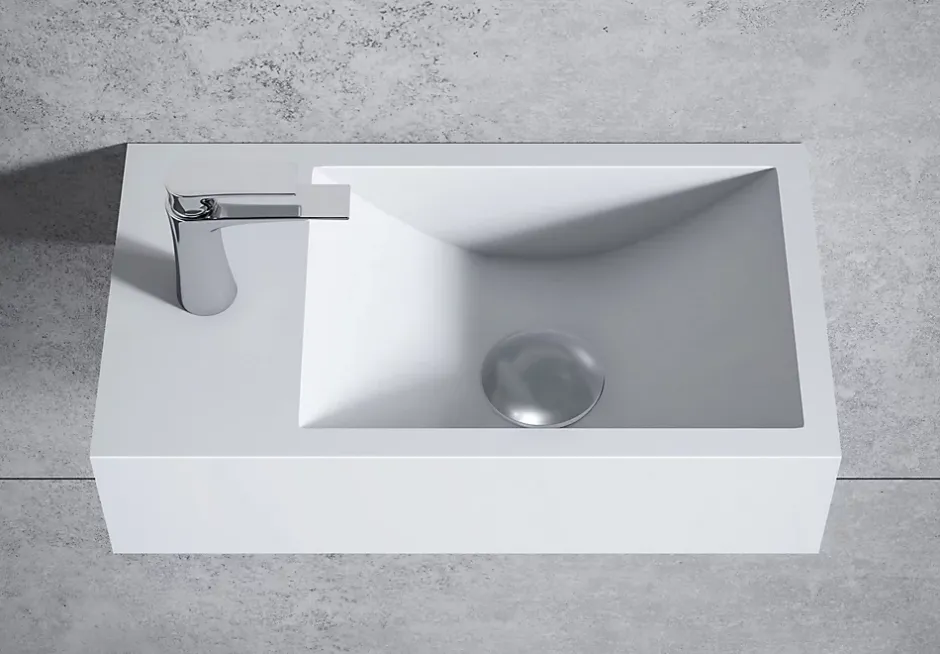 Bernstein Vasque murale suspendue design 44x22x10cm en fonte minérale - Blanc mat, Sans bonde ni cache, Rangement gauche, Sans console* Lavabo