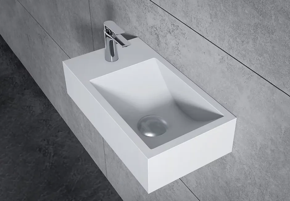 Bernstein Vasque murale suspendue design 44x22x10cm en fonte minérale - Blanc mat, Sans bonde ni cache, Rangement gauche, Sans console* Lavabo