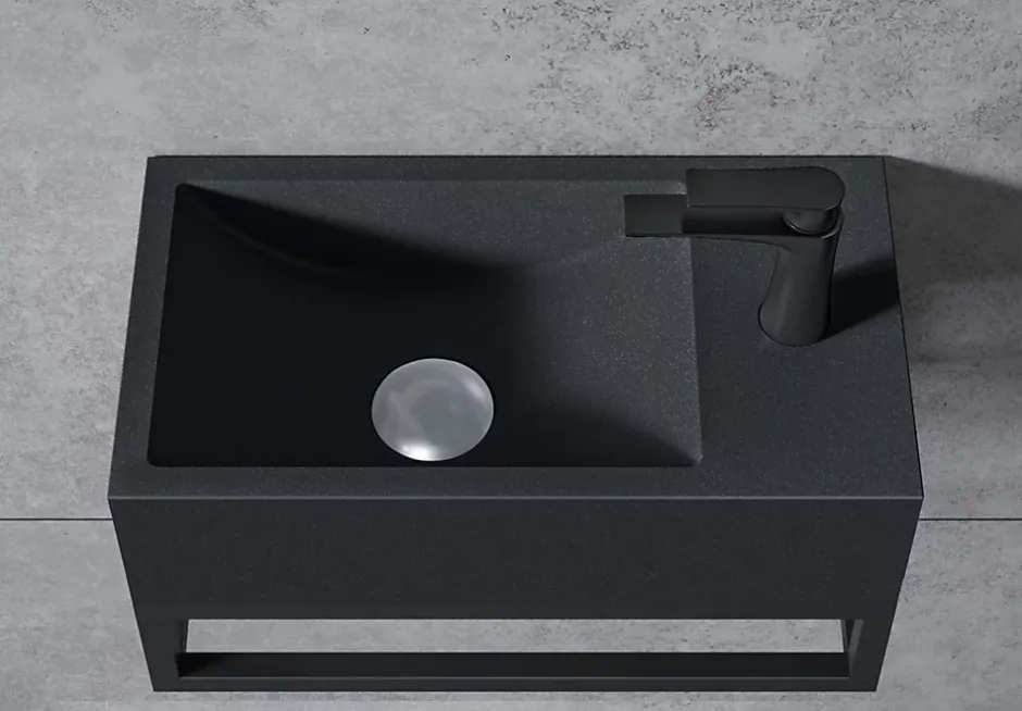 Bernstein Vasque murale suspendue design 44x22x10cm en fonte minérale - Sans bonde ni cache, Rangement droite, Quartz noir, Avec Console* Lavabo