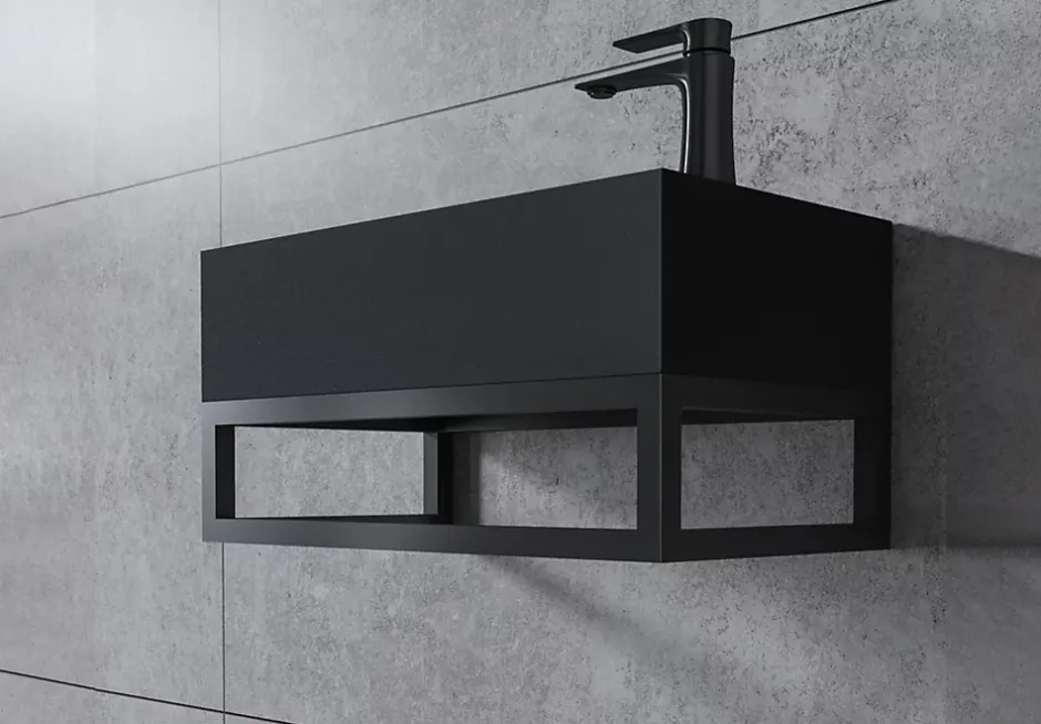 Bernstein Vasque murale suspendue design 44x22x10cm en fonte minérale - Sans bonde ni cache, Rangement droite, Quartz noir, Avec Console* Lavabo