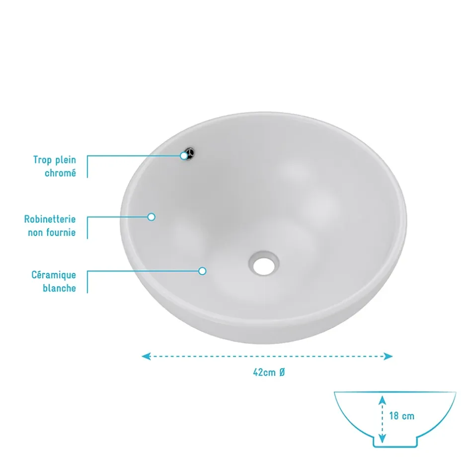 Aurlane Vasque ronde en céramique blanche à poser - Diamètre 42cm - Hauteur 18cm - PARABOLA
