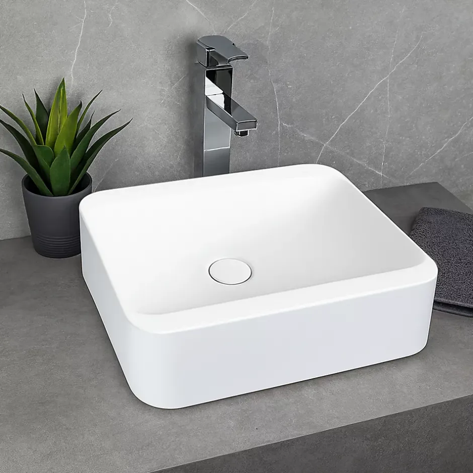 Ambra Vasque salle de bain semi-encastrée rectangulaire 45 cm en Pierre de synthèse finition mat - Hanaé
