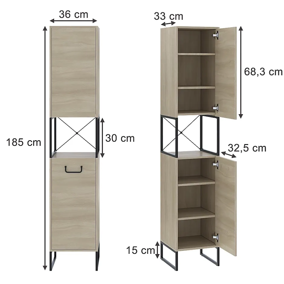 Vicco Armoire de salle de bain Chêne/noir 36x185cm avec 2 portes