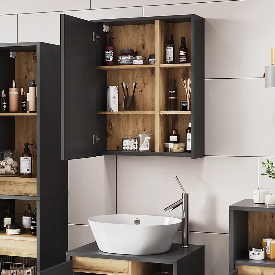 Vicco Armoire de toilette Gris/Artisan 60x75cm avec des étagères ouvertes* Armoire De Toilette