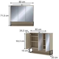 Vicco Armoire de toilette Chêne/noir 80x71.5cm avec lumière LED
