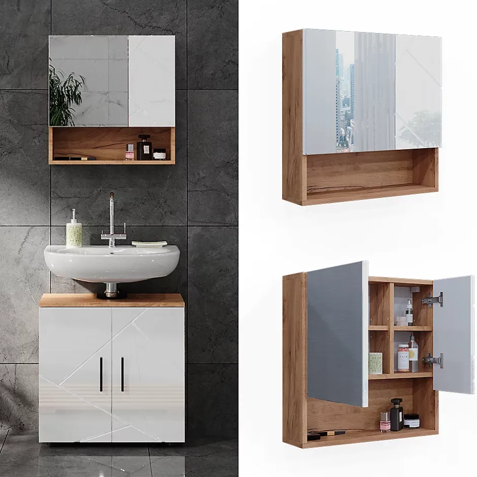 Vicco Armoire de toilette Blanc brillant/Chêne doré 54x55cm