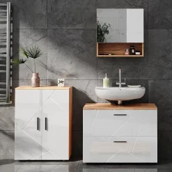 Vicco Armoire de toilette Blanc brillant/Chêne doré 54x55cm