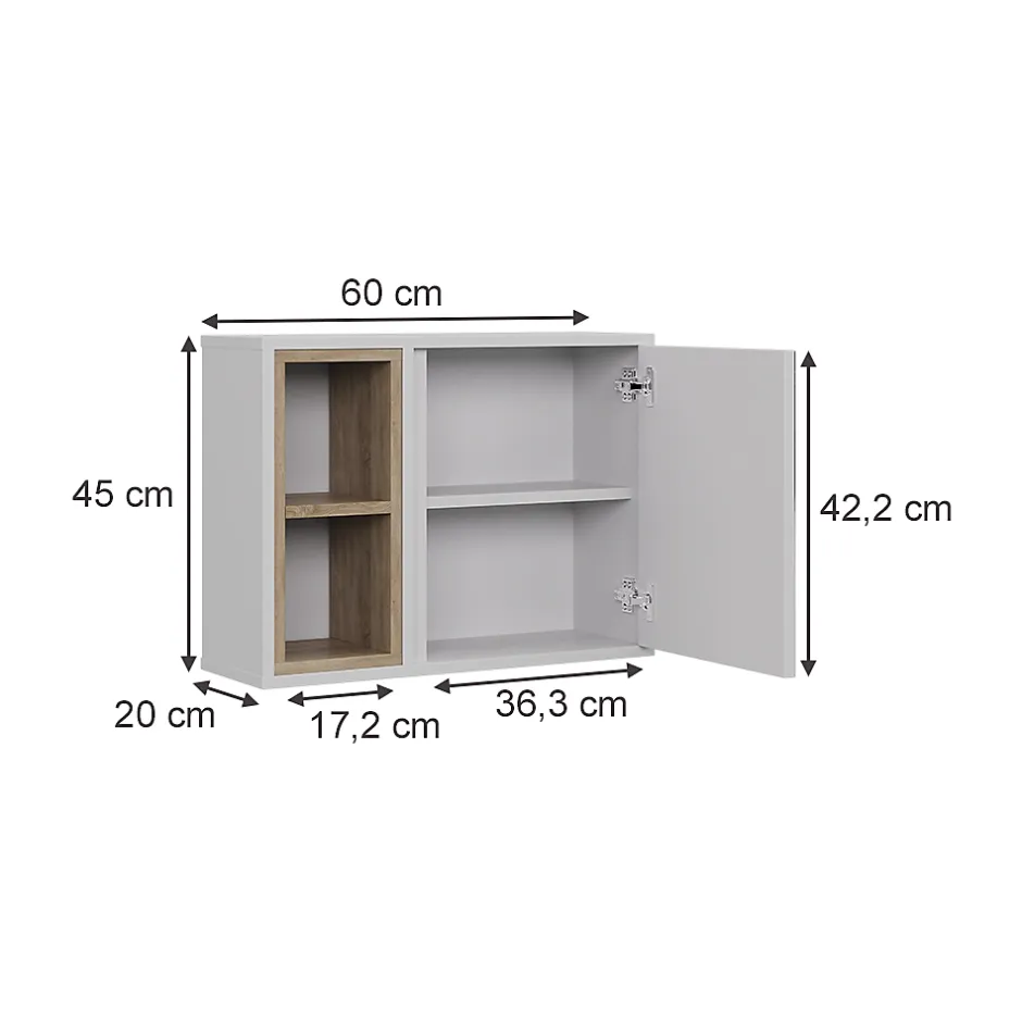 Vicco Armoire de toilette blanc/chêne 60x45cm avec 2 compartiments ouverts et 1 porte