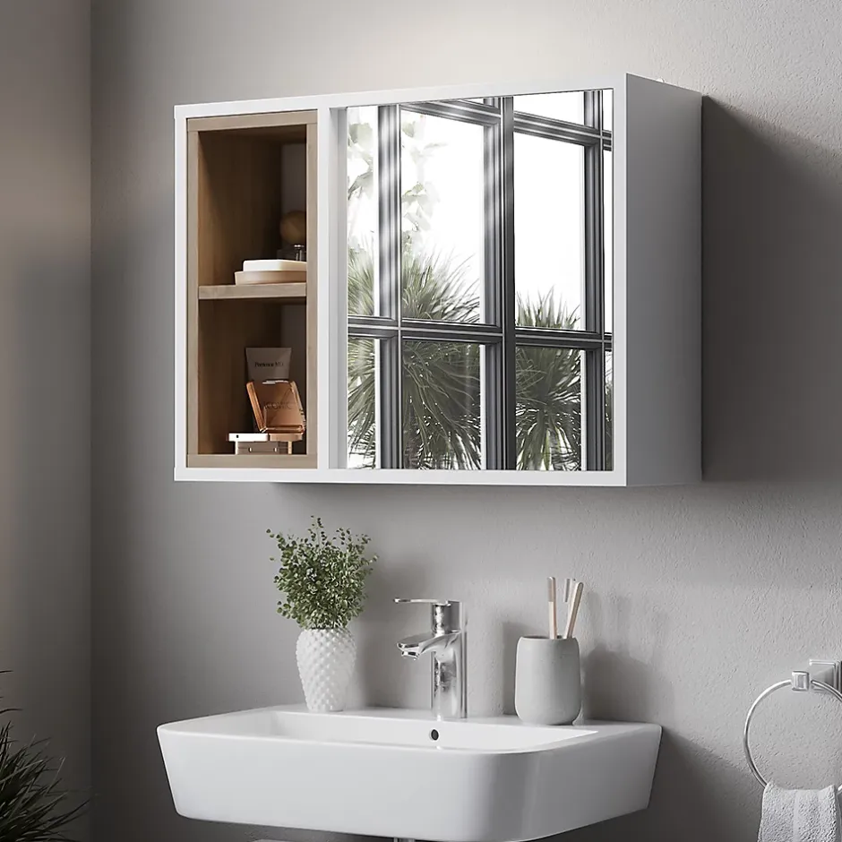 Vicco Armoire de toilette blanc/chêne 60x45cm avec 2 compartiments ouverts et 1 porte