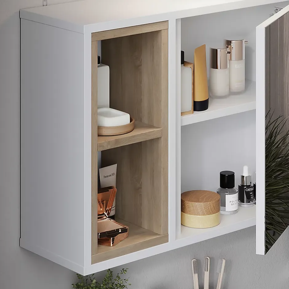 Vicco Armoire de toilette blanc/chêne 60x45cm avec 2 compartiments ouverts et 1 porte