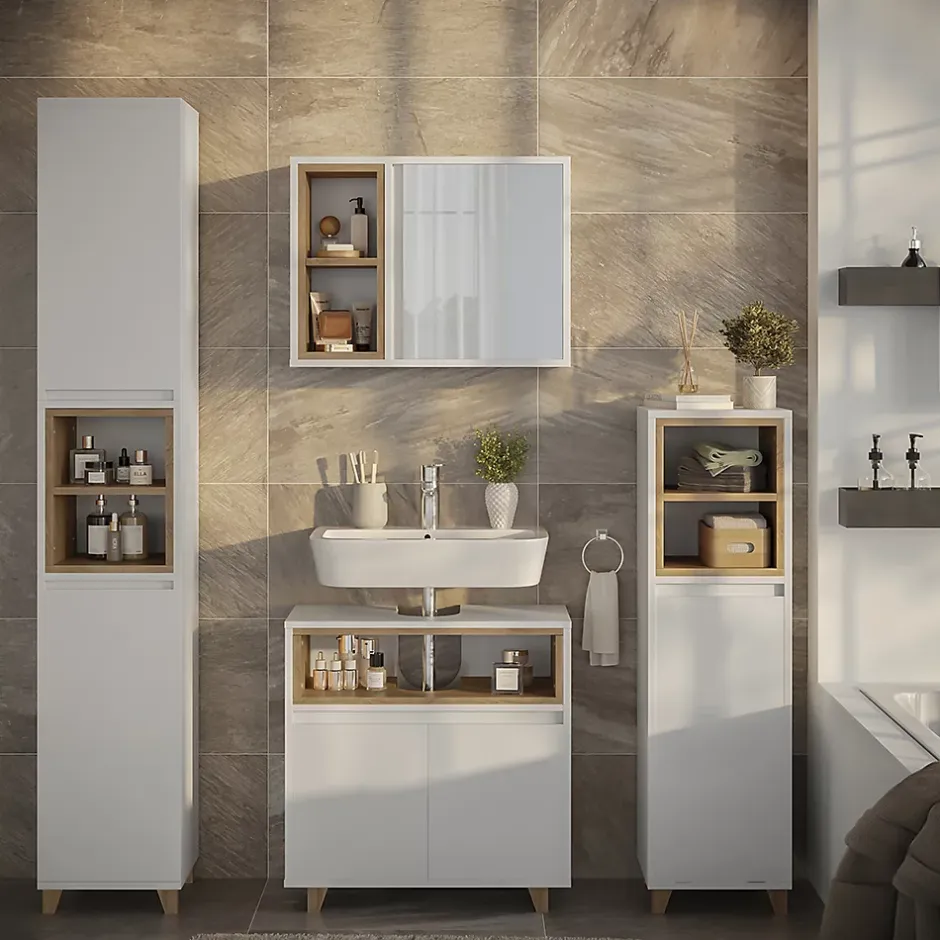 Vicco Armoire de toilette blanc/chêne 60x45cm avec 2 compartiments ouverts et 1 porte