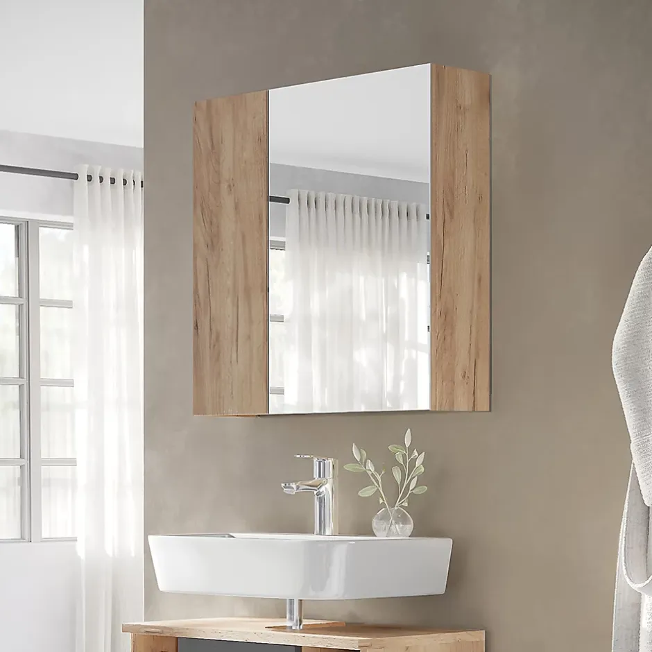 Vicco Armoire de toilette Chêne de force doré 60x59.2cm Avec étagères et 1 porte miroir* Armoire De Toilette