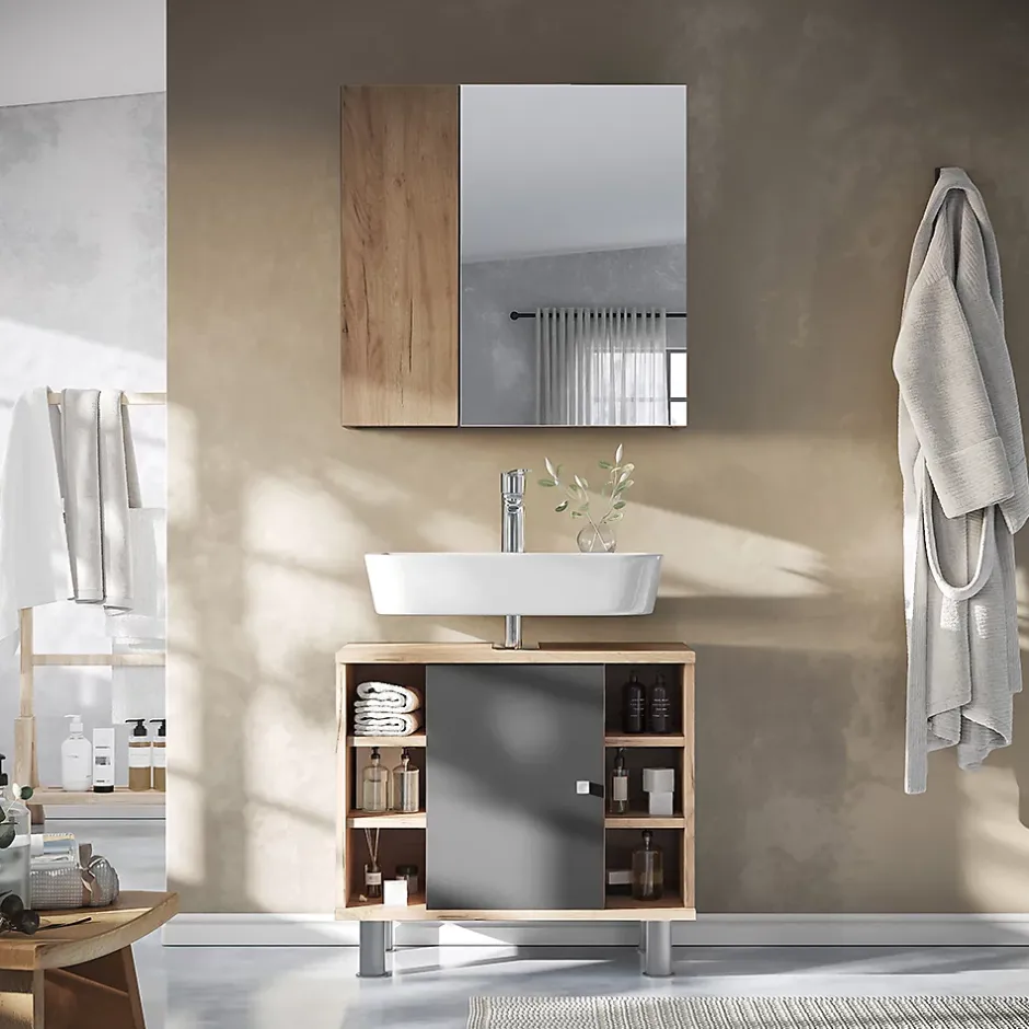 Vicco Armoire de toilette Chêne de force doré 60x59.2cm Avec étagères et 1 porte miroir* Armoire De Toilette