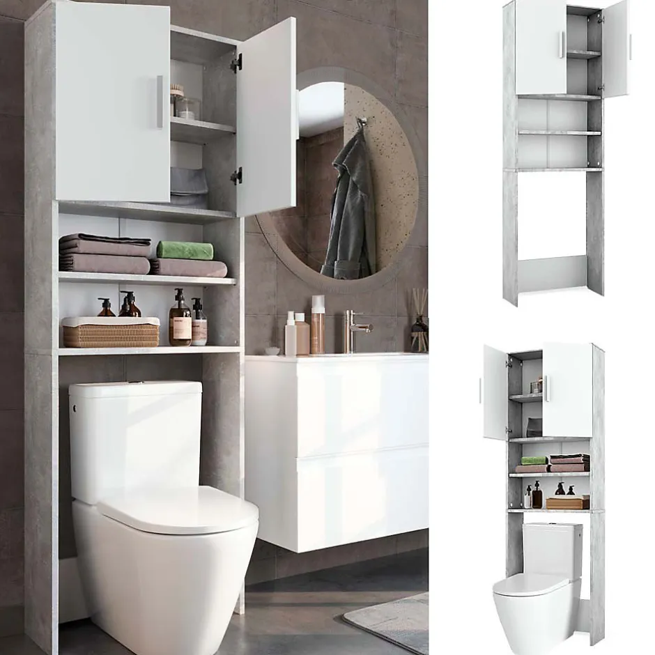 Vicco Armoire de toilette Béton/blanc 64x190cm avec 2 portes* Meuble Wc