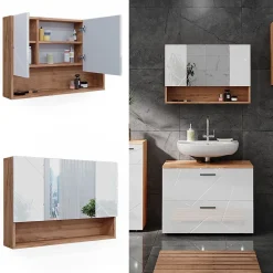 Vicco Armoire de toilette Blanc brillant/Chêne doré 17x55cm