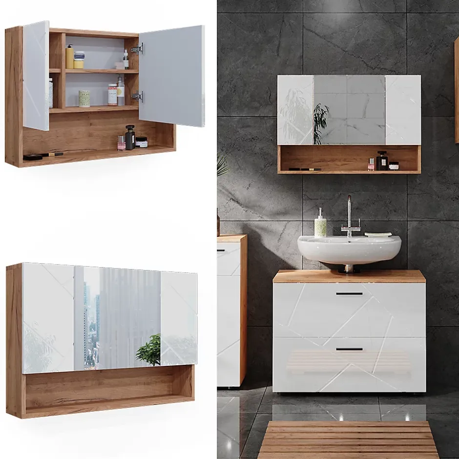 Vicco Armoire de toilette Blanc brillant/Chêne doré 17x55cm