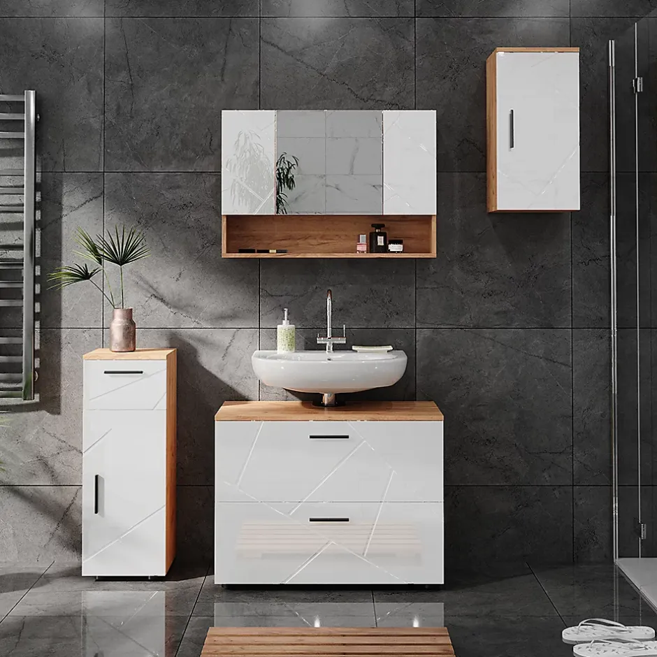 Vicco Armoire de toilette Blanc brillant/Chêne doré 17x55cm