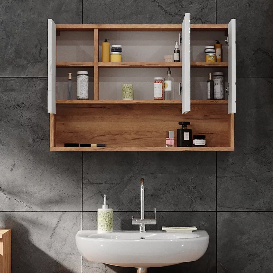 Vicco Armoire de toilette Blanc brillant/Chêne doré 17x55cm