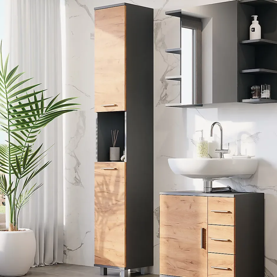 Vicco Armoire haute Anthracite/chêne doré 30.2x190cm avec 2 portes* Colonne De Salle De Bains