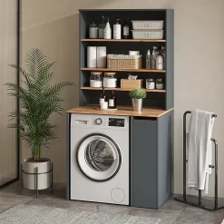 Vicco Armoire machine à laver Anthracite/chêne doré 93.6x88.2cm 2 pièces avec placard et étagère* Meuble Wc