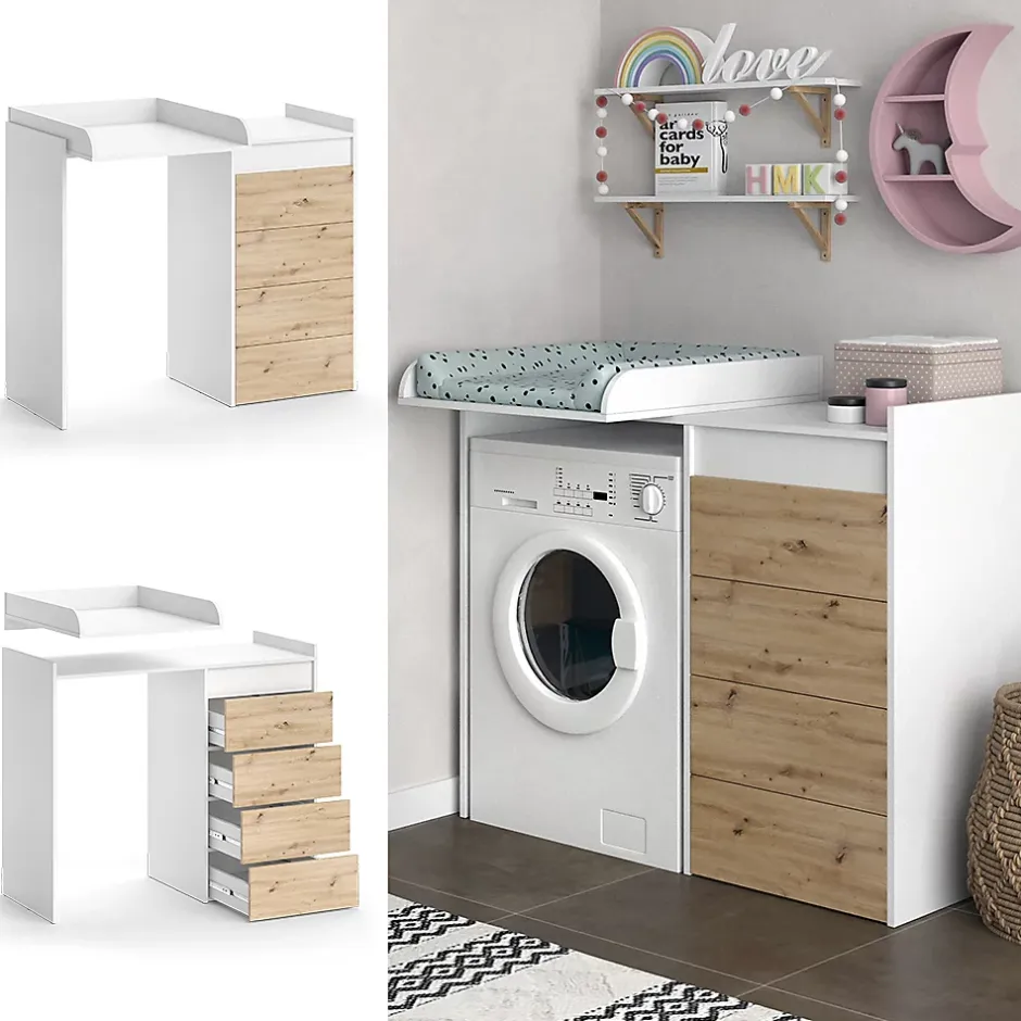 Vicco Armoire machine à laver Blanc 116x98cm avec 4 tiroirs