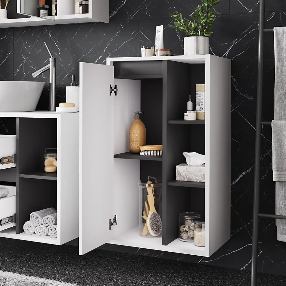 Vicco Armoire Midischrank blanc/gris 50x86cm avec des étagères ouvertes* Armoire De Salle De Bains