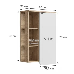 Vicco Armoire murale Sonoma/blanc 50x75cm avec porte et compartiments ouverts* Armoire De Salle De Bains