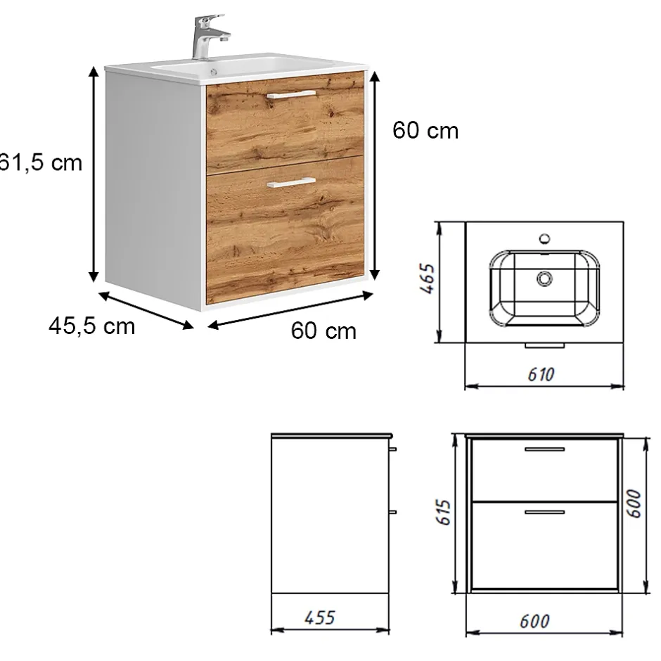 Vicco Ensemble de meubles de salle de bains Chêne blanc/force de lor 61x61.5cm avec lavabo* Lave-Mains
