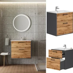 Vicco Ensemble de meubles de salle de bains Anthracite/chêne doré 61x61.5cm avec lavabo