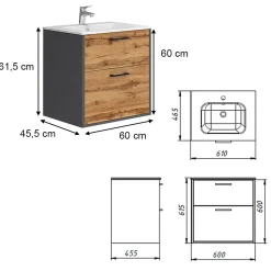 Vicco Ensemble de meubles de salle de bains Anthracite/chêne doré 61x61.5cm avec lavabo