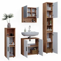 Vicco Ensemble de meubles de salle de bain Blanc brillant/Chêne doré 4 pièces, avec armoire haute