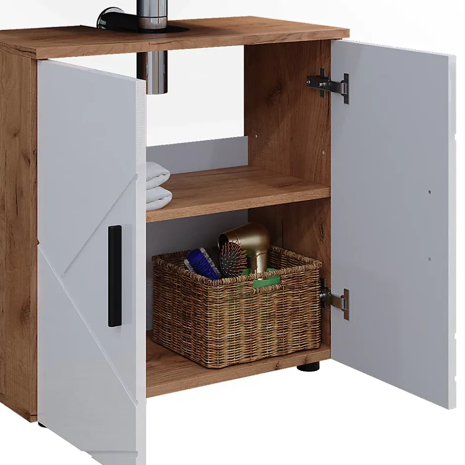 Vicco Ensemble de meubles de salle de bain Blanc brillant/Chêne doré 4 pièces, avec armoire haute