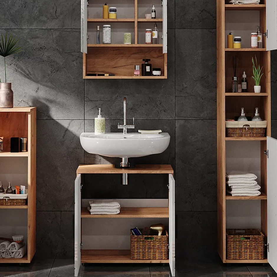 Vicco Ensemble de meubles de salle de bain Blanc brillant/Chêne doré 4 pièces, avec armoire haute