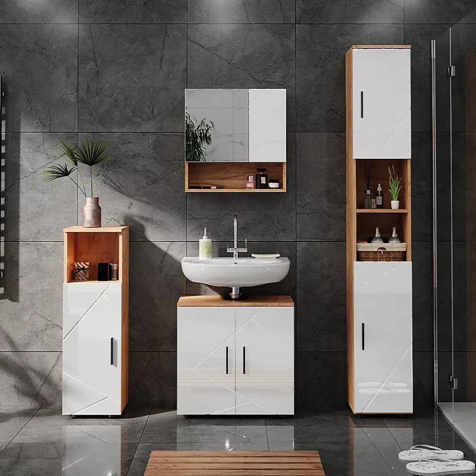 Vicco Ensemble de meubles de salle de bain Blanc brillant/Chêne doré 4 pièces, avec armoire haute