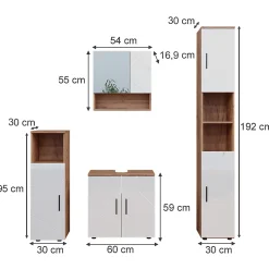 Vicco Ensemble de meubles de salle de bain Blanc brillant/Chêne doré 4 pièces, avec armoire haute