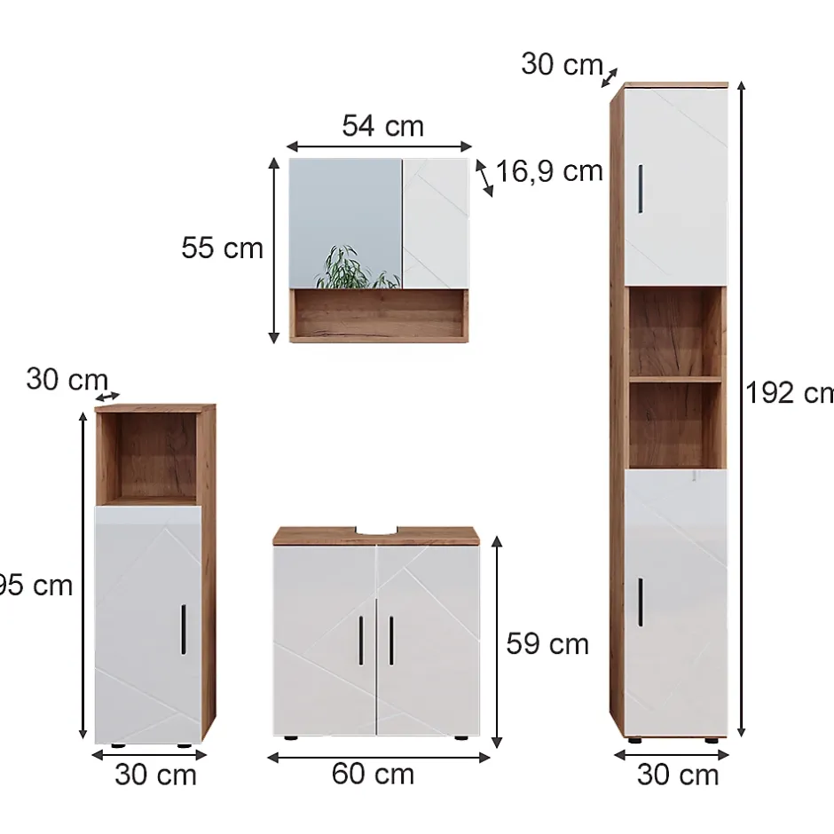 Vicco Ensemble de meubles de salle de bain Blanc brillant/Chêne doré 4 pièces, avec armoire haute