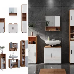 Vicco Ensemble de meubles de salle de bain Blanc brillant/Chêne doré 4 pièces, avec armoire haute