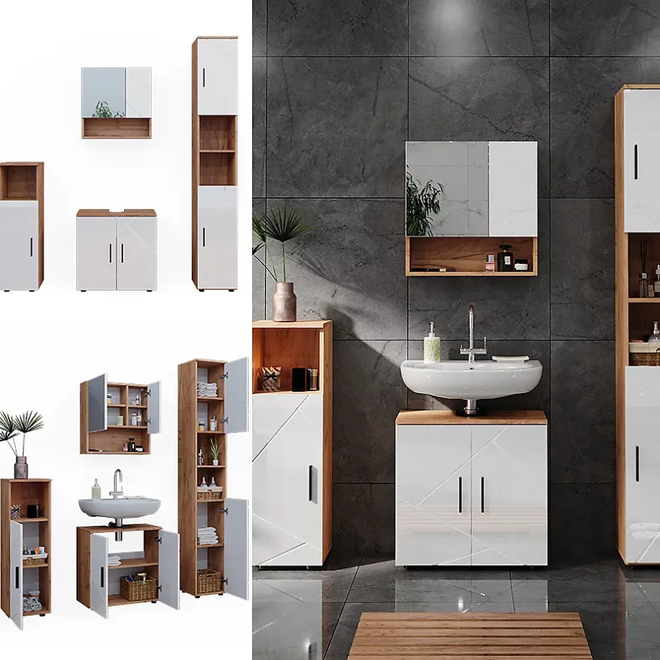Vicco Ensemble de meubles de salle de bain Blanc brillant/Chêne doré 4 pièces, avec armoire haute