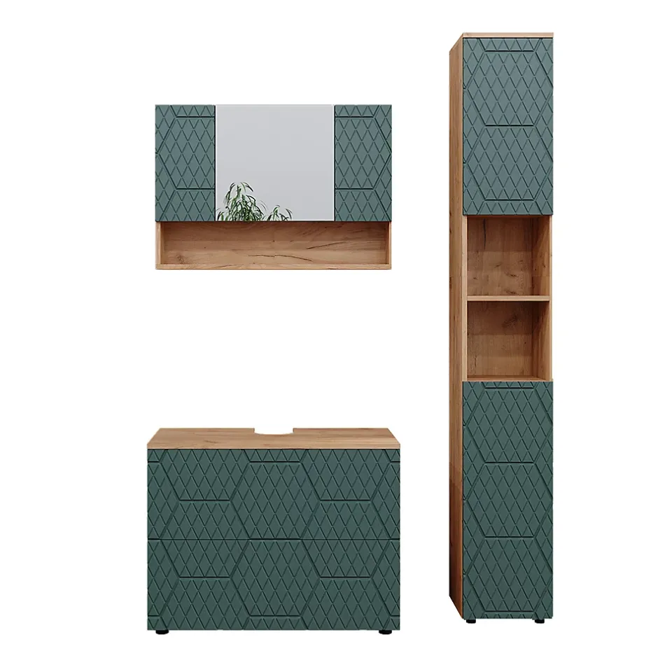 Vicco Ensemble meubles bain Vert/force de lor Chêne 3 pièces, avec armoire de toilette 80 cm
