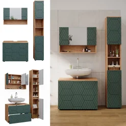 Vicco Ensemble meubles bain Vert/force de lor Chêne 3 pièces, avec armoire de toilette 80 cm