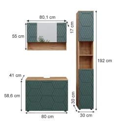 Vicco Ensemble meubles bain Vert/force de lor Chêne 3 pièces, avec armoire de toilette 80 cm
