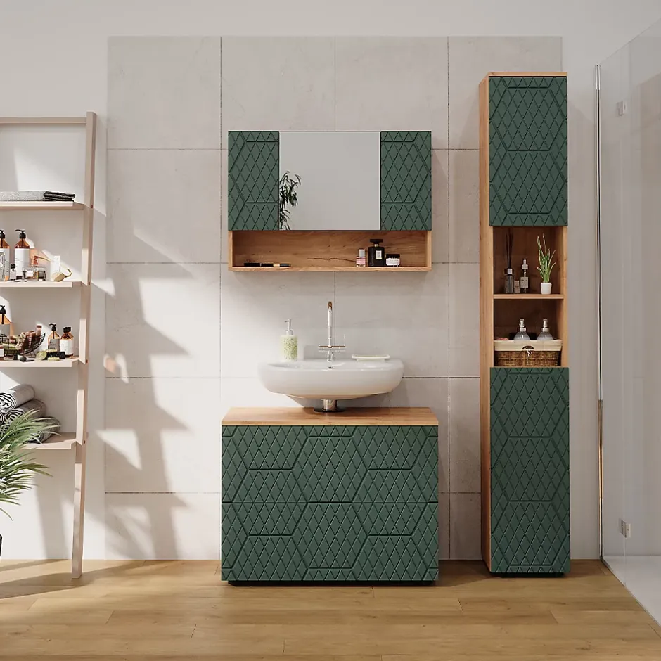 Vicco Ensemble meubles bain Vert/force de lor Chêne 3 pièces, avec armoire de toilette 80 cm