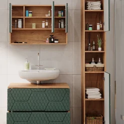 Vicco Ensemble meubles bain Vert/force de lor Chêne 3 pièces, avec armoire de toilette 80 cm