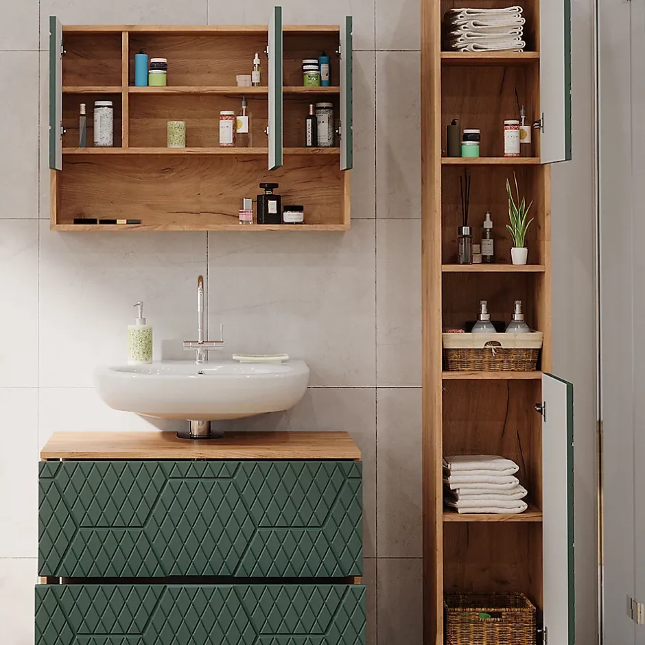 Vicco Ensemble meubles bain Vert/force de lor Chêne 3 pièces, avec armoire de toilette 80 cm