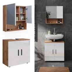 Vicco Ensemble meubles bain Blanc brillant/Chêne doré 2 pièces, armoire basse 60 cm
