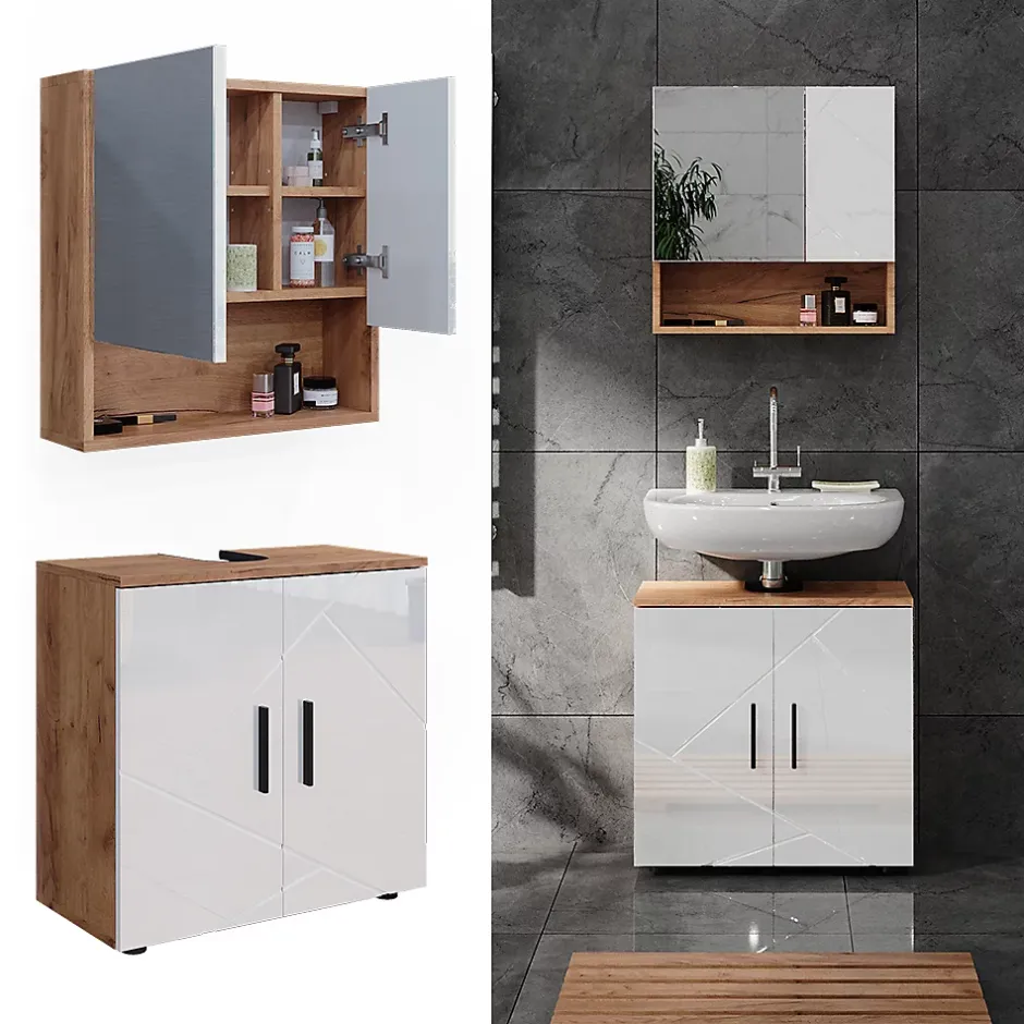 Vicco Ensemble meubles bain Blanc brillant/Chêne doré 2 pièces, armoire basse 60 cm